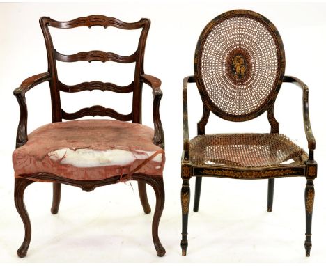 A black and gilt japanned beech elbow chair, early 20th c, with caned back and seat and a contemporary mahogany ladder back e