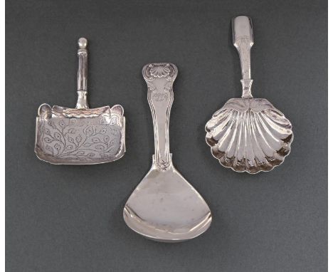 A Victorian silver caddy spoon, the oblong bowl with a wrigglework flower, 63mm l, by George Unite, Birmingham 1839 and two o