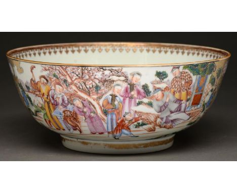 A Chinese export porcelain&nbsp;punch bowl, c1770, enamelled with a 'Mandarin' pattern, the interior with central peony spray