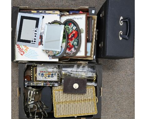 Miscellaneous item including clocks, brass lamp, sewing box, cutlery, records, small pictures etc  