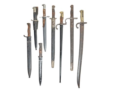 An Ottoman Empire sword bayonet for the M1890 Mauser rifle, two French M1866 Chassepot and M1874 Gras bayonets and five vario