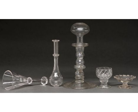 A honeycomb moulded Monteith or bonnet glass, mid 18th c, 73mm, a moulded glass patch stand, second half 18th c, a faceted gl