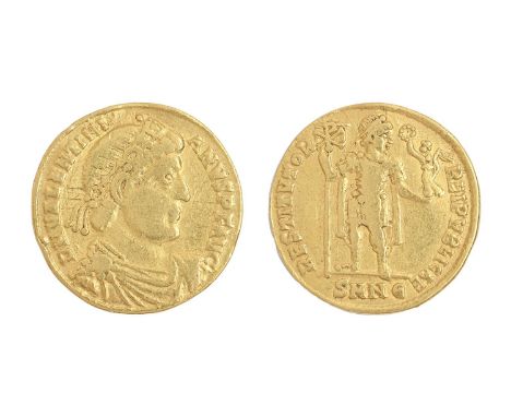 Valentinian I, 364-375AD, Gold Solidus of Nicomedia, 3.89gm, DNVALENTINIANVSPFAVG / RESTITVTOR REPVBLICAE, mm SMNE, light gra