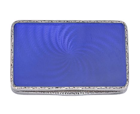 A French silver and blue guilloche enamel snuff box, c1920, engine turned, 83mm l, indistinct maker's and control marks, 3ozs
