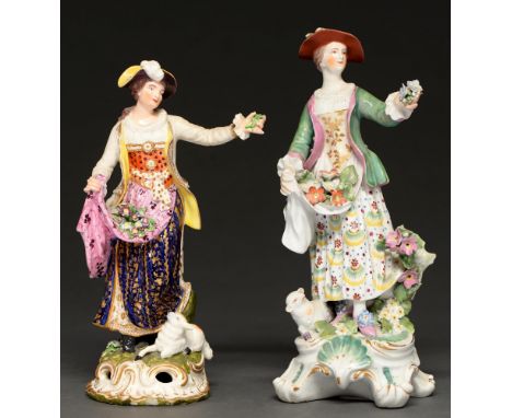 Two Derby figures of Dresden shepherdesses, c1770 and c1830, 23 and 21cm h, patch marks or incised No 55 and red painted crow