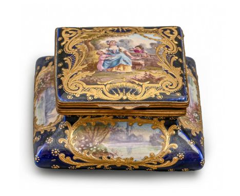A French giltmetal mounted earthenware trinket box, early 20th c, in Sevres style and of square shape painted with figures an