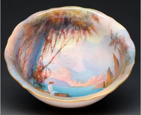 A Royal Worcester bowl, 1929, painted by Sedgley, signed, with a bather on a North Italian lakeside terrace, 22.5cm diam, puc