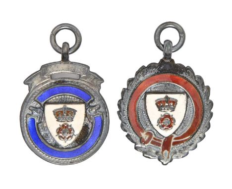 Football interest. Two silver and enamel watch fob shields, engraved 1928-29 Div One Cup Winners or 1928-9 Div One League Cha