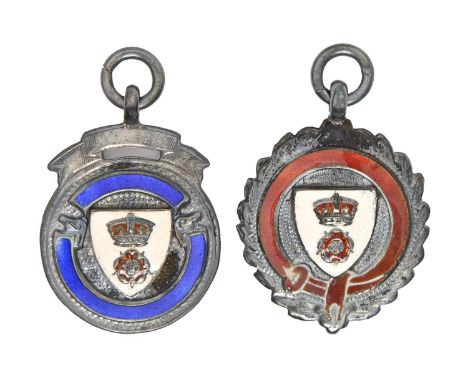 Football interest. Two silver and enamel watch fob shields, engraved 1928-29 Div One Cup Winners or 1928-9 Div One League Cha