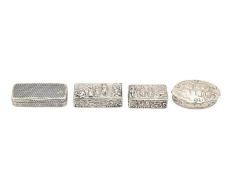 A French niello snuff box, mid 19th c, 85mm l, control marks and three Victorian and Edwardian silver trinket boxes, 6ozs 10d