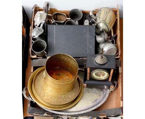 A Belgian slate mantle clock and miscellaneous Victorian and later plated and other metalware,&nbsp; etc  
