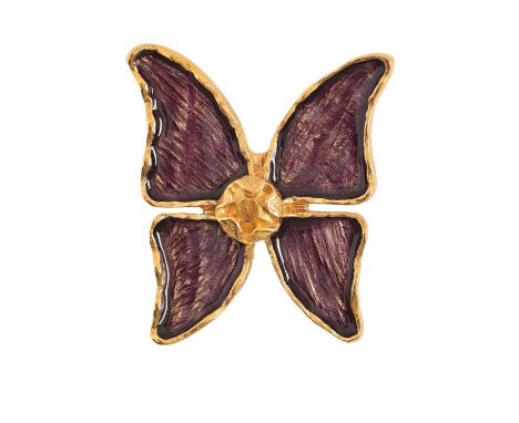 Costume jewellery. Yves Saint Laurent - a gold plated and purple enamel butterfly brooch, late 20th c, 47mm  Good condition