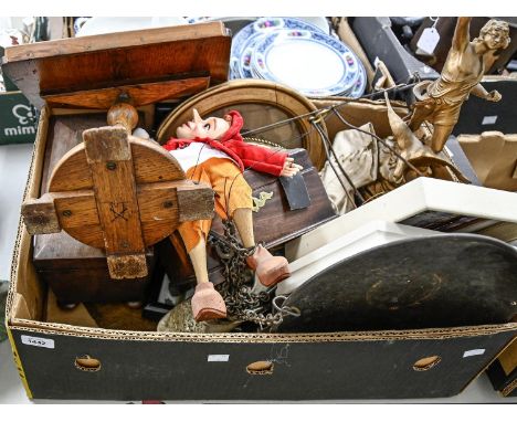 Miscellaneous items, to&nbsp; &nbsp;a George III mahogany tea caddy, an oak telescopic music stand,&nbsp; spelter statue, pic