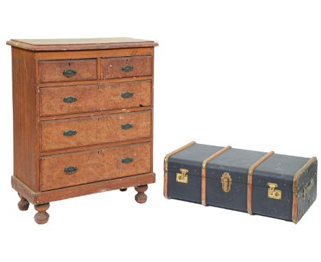 A Victorian stained pine chest of drawers and a cabin trunk, chest of drawers 88cm l  Condition evident from image