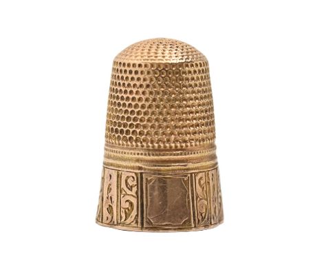 A Continental gold thimble, 19th c, 23mm h, unmarked, 3.3g  Slightly dented in places but not split or repaired