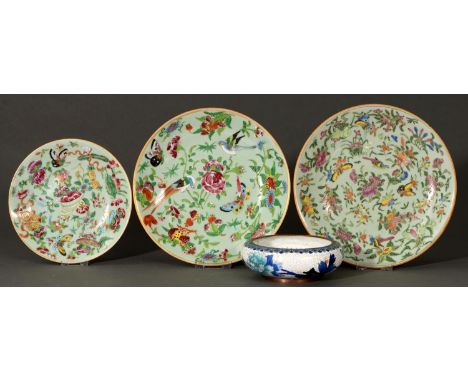 Three Chinese Canton famille rose celadon ground plates, late 19th c, 19-24cm diam and a Chinese cloisonne enamel bowl of lat