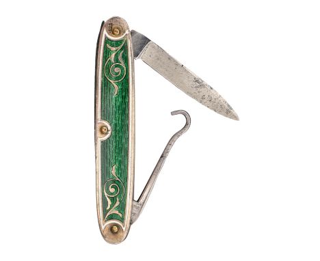 A Continental silver folding knife and button hook, c1900, with emerald green guilloche enamel scales, 57mm l, marked 925 wit