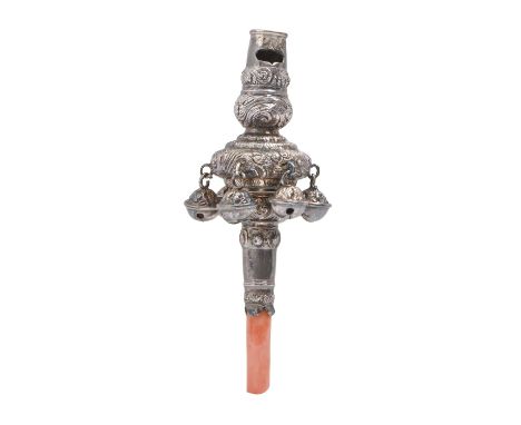 A William IV silver baby's rattle, with coral teether, 11.5cm l, by Taylor &amp; Perry, Birmingham 1834  Bells all present an
