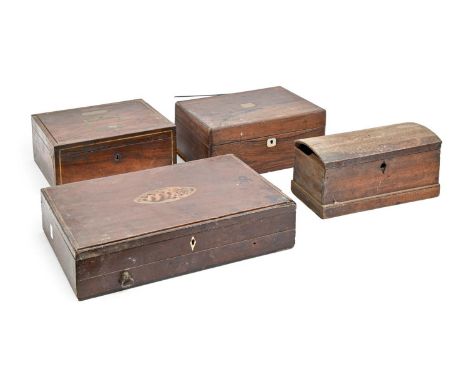 A George III inlaid mahogany writing box, two Victorian rosewood boxes, one inlaid and a tea caddy, various sizes  All requir