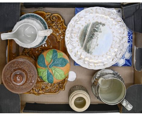 Miscellaneous 19th c and later ceramics, to include a Gladstone portrait plaque, a Doulton Lambeth saltglaze tobacco jar and 