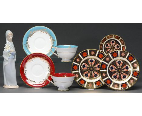 A pair of Royal Crown&nbsp; Derby plates and a pin tray, plates 16cm diam, printed mark, two matching&nbsp; Aynsley cups and 