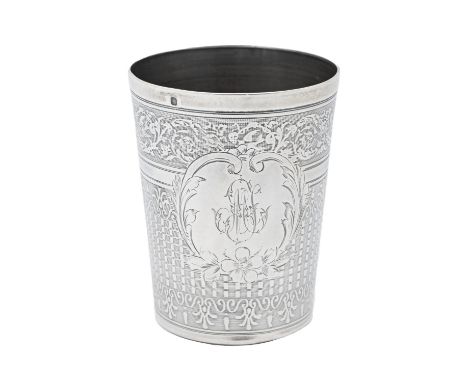 A French silver beaker, late 19th c, engine turned and stamped with birds and foliage, 85mm h, maker's and control marks, 3oz