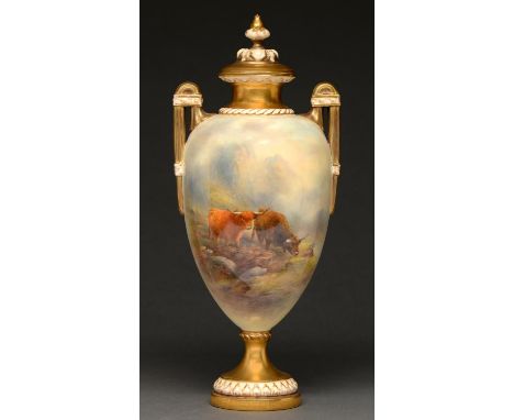 A Royal Worcester vase and cover, 1930, painted by J Stinton, signed, with highland cattle, 36cm h, puce printed mark and sha