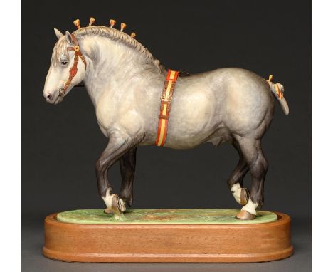 A Royal Worcester model of a Percheron stallion, 1965, designed by Doris Lindner, 23.5cm h, printed mark, walnut stand, with 