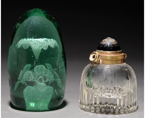 A Victorian glass dump,&nbsp; internally decorate with flowers in a pot, 13.5cm and a Victorian brass mounted glass inkwell (