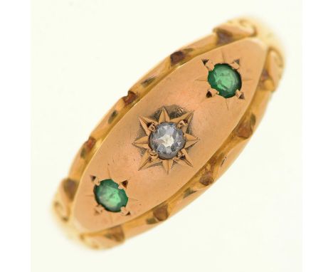 A Victorian emerald and diamond ring, gypsy set in 18ct gold, Chester 1899, 2.3g  Light wear scratches, discreet early repair