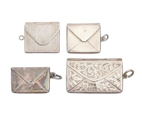 Three Edwardian silver envelope novelty postage stamp cases and another of later date, various sizes, 18dwts  Good condition 