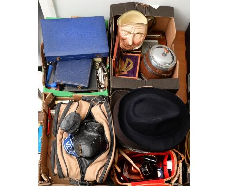 Miscellaneous items to include vintage cameras and photographic equipment,&nbsp;trilby hats, draughtsmen's instruments. plate