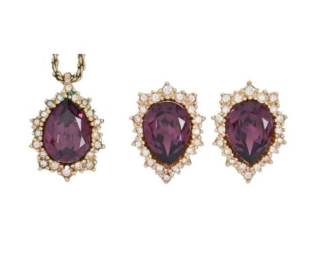 Costume jewellery. Christian Dior - a white and purple drop shaped glass and gold plated pendant, chain and earrings suite, l