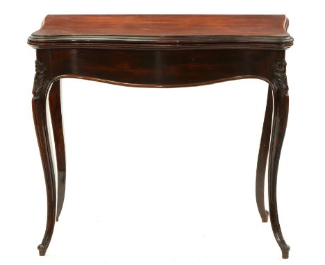 A Victorian serpentine rosewood card table, the moulded legs carved with flowers to the knees, 73cm h; 42 x 85cm  Minor old s