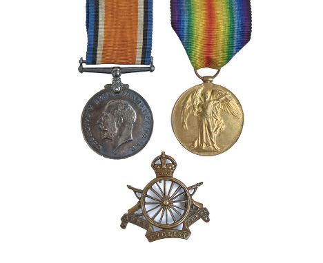 WWI, pair, British War Medal and Victory Medal M-414146 Pte G W Barrett ASC and cap badge, Army Cyclist Corps  