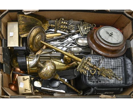 Miscellaneous brass metal ware including Davey lamp, fire dustpan, carriage clock, camera etc  