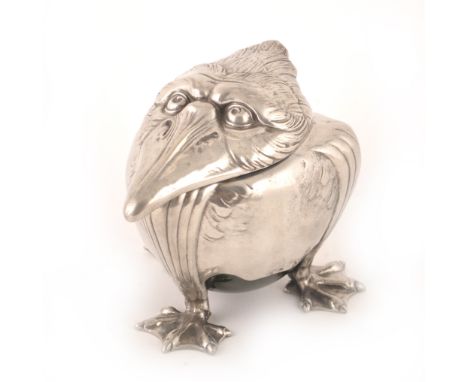 A Jugendstil silvered metal and ceramic inkwell, by Joseph Reinemann , Munich, early 1900s, the hinged cover and tripod body 