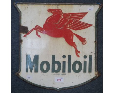 A VINTAGE 'MOBILOIL' ENAMEL SIGN, of shield form with a flying red horse, 38cm high x 38cm wide