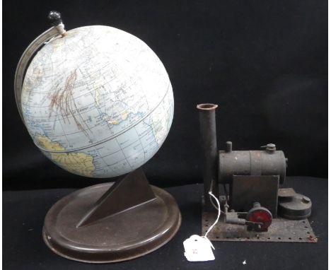 A VINTAGE MODEL STEAM ENGINE, 15cm high and a tin-plate globe by Chad Valley (2)