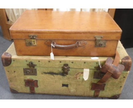 HARRODS LONDON LTD: A green canvas travel trunk embossed with the initials "MJWR" to the lid, inside the lid a the label "Puk