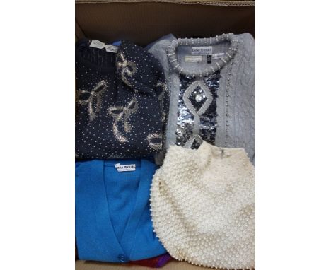 A COLLECTION OF VINTAGE KNITWEAR, to include cardigans by Sonia Rykiel and a grey woollen evening jumper decorated throughout