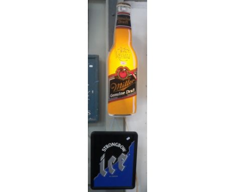 MILLER GENUINE DRAFT; AN ADVERTISING PUB SIGN in perspex, in the form of a Miller beer bottle, with light behind, 78cm high a