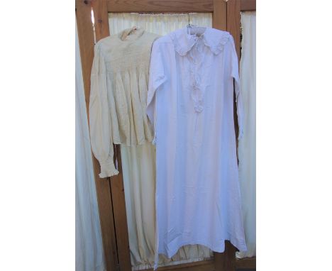 A VICTORIAN NIGHTDRESS, LINEN COMBINATION CHEMISE/DRAWERS AND AN EDWARDIAN SILK SMOCKED BLOUSE (3)