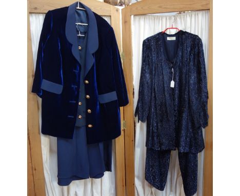 PALLANT: A navy blue crushed velvet trouser suit 100% silk, approx size 16 and another navy blue velvet evening jacket over a