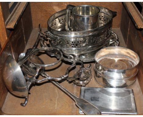 A selection of household silver plated items, to include wine coasters, cigarette box, ladle, etc