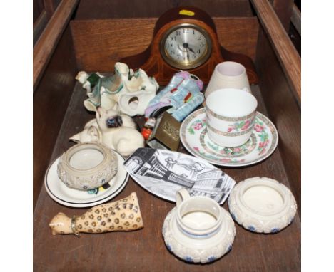 A broad selection of early 20th century household ceramics, to include a figurine of two Royal Doulton cats, a mahogany frame