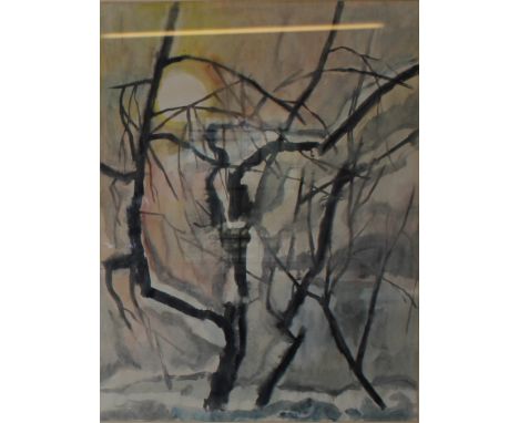 Indistinctly signed, watercolour, semi abstract  WOODLAND SCENE AT DAWN framed and mounted, 61cm x 46cm