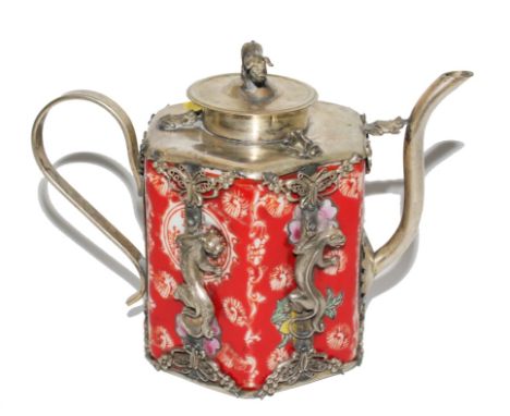 A bijou Chinese ceramic tea pot with elaborately applied metal decoration of cats, butterflies, frogs with a piglet finial to