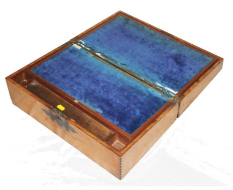 A 19th century light oak writing slope with elaborate chequer-board marquetry to the top, fitted interior, 45H x 18W x 28cmD