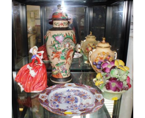 An early 20th century Chinese baluster shaped crackle ware vase with lid, a Royal Doulton figurine of a lady, a circular Spod